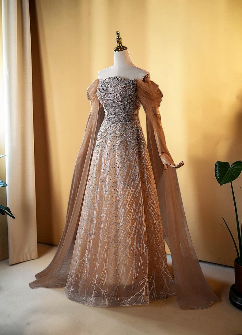 Luxury Champagne Off-Shoulder Beaded Evening Gown SL201