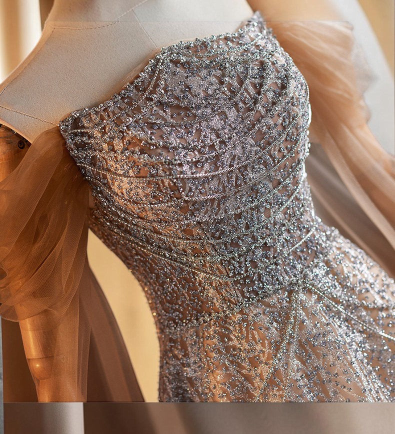 Luxury Champagne Off-Shoulder Beaded Evening Gown SL201