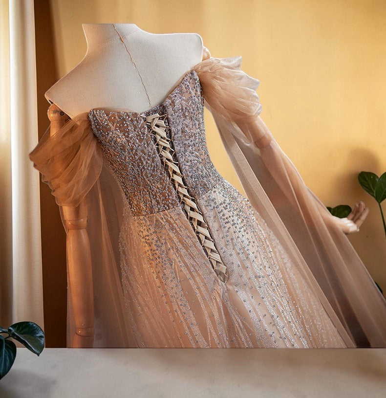 Luxury Champagne Off-Shoulder Beaded Evening Gown SL201