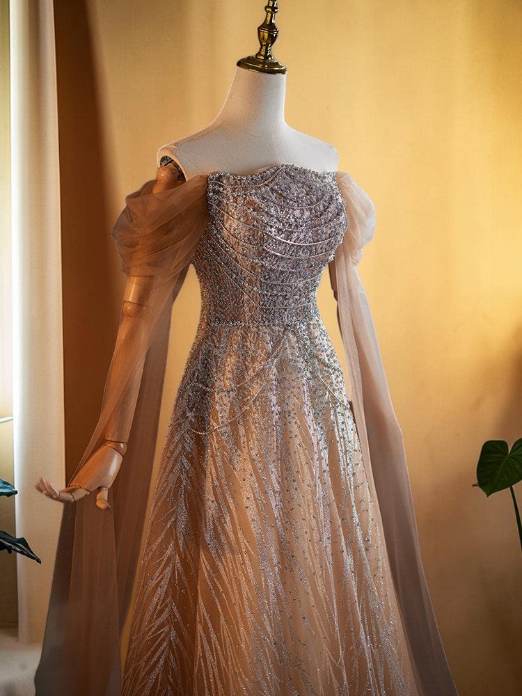 Luxury Champagne Off-Shoulder Beaded Evening Gown SL201