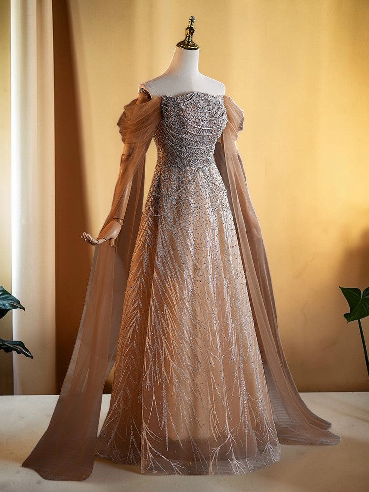 Luxury Champagne Off-Shoulder Beaded Evening Gown SL201