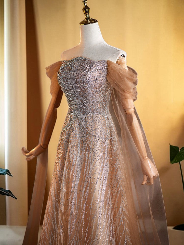 Luxury Champagne Off-Shoulder Beaded Evening Gown SL201