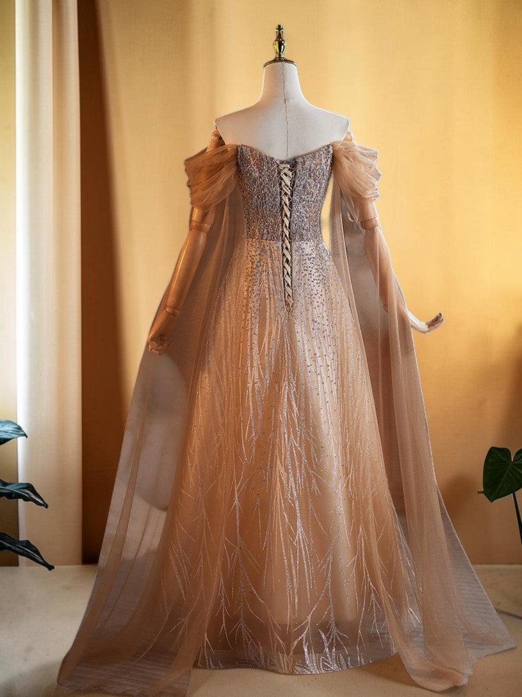 Luxury Champagne Off-Shoulder Beaded Evening Gown SL201