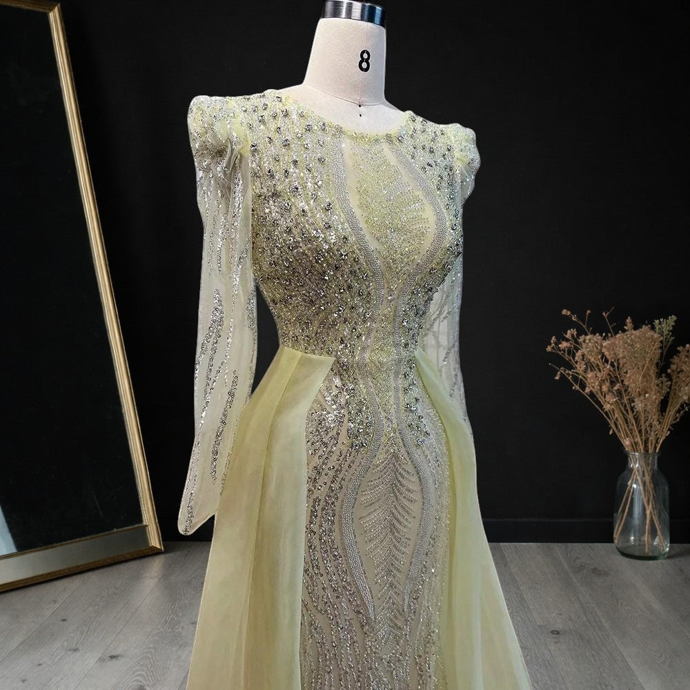 Luxury Dusty Blue Sequined Formal Dress with Sheer Long Sleeves SL194