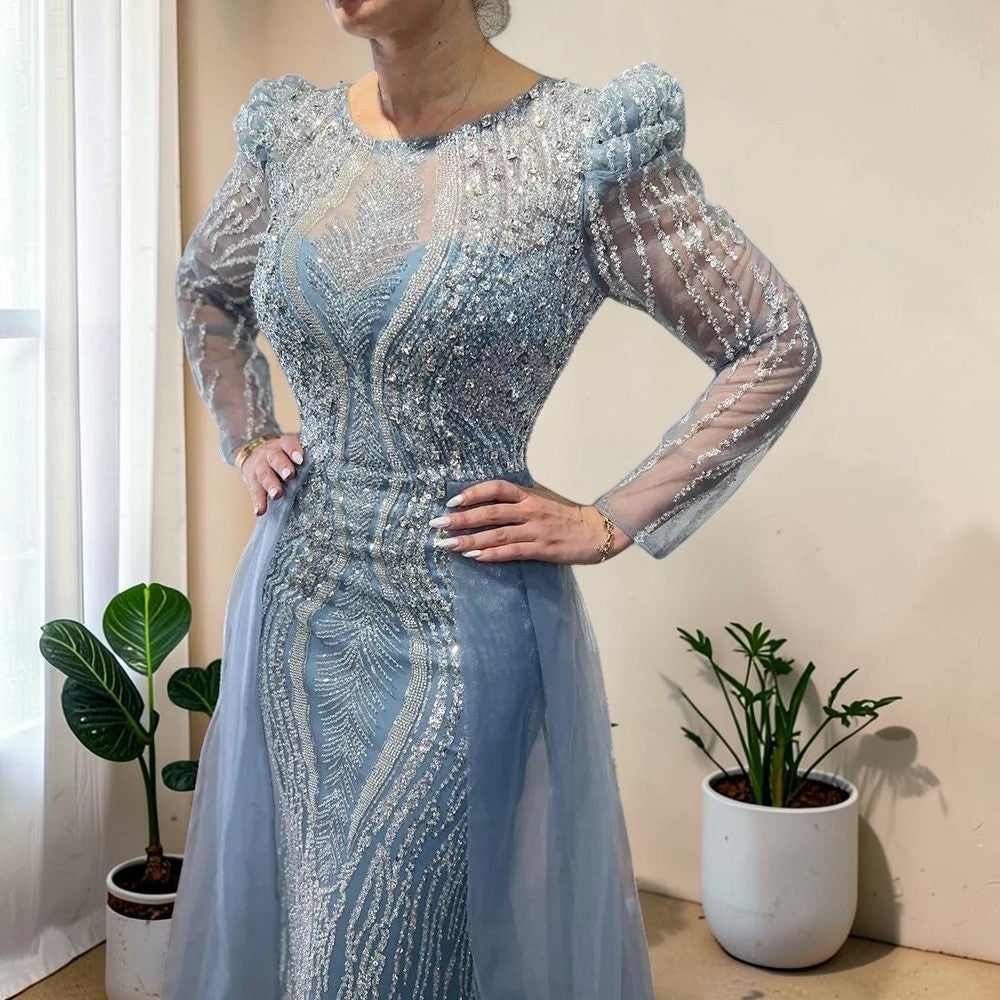 Luxury Dusty Blue Sequined Formal Dress with Sheer Long Sleeves SL194
