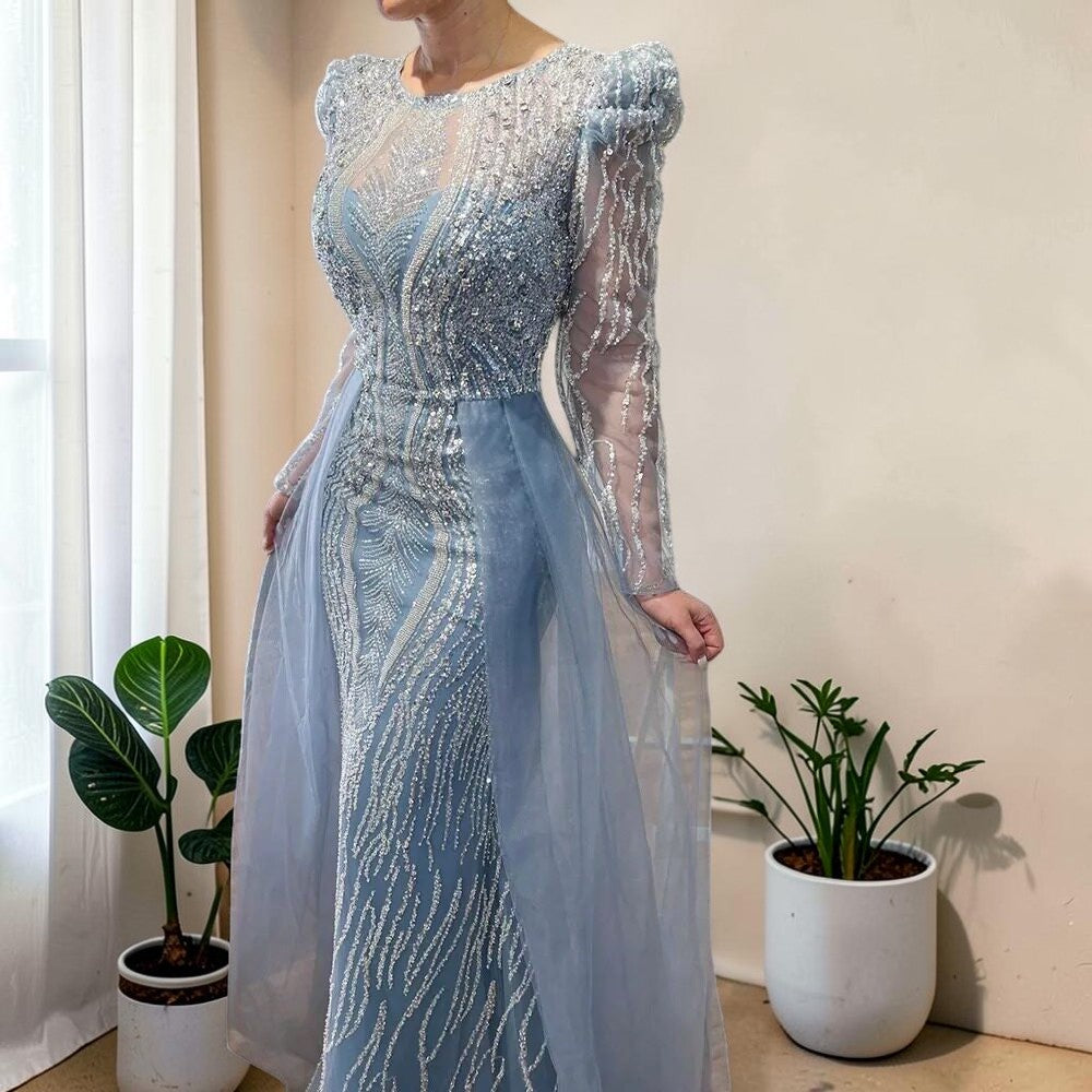 Luxury Dusty Blue Sequined Formal Dress with Sheer Long Sleeves SL194