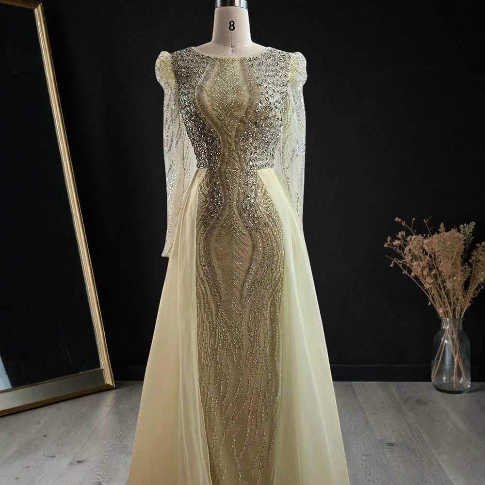 Luxury Dusty Blue Sequined Formal Dress with Sheer Long Sleeves SL194