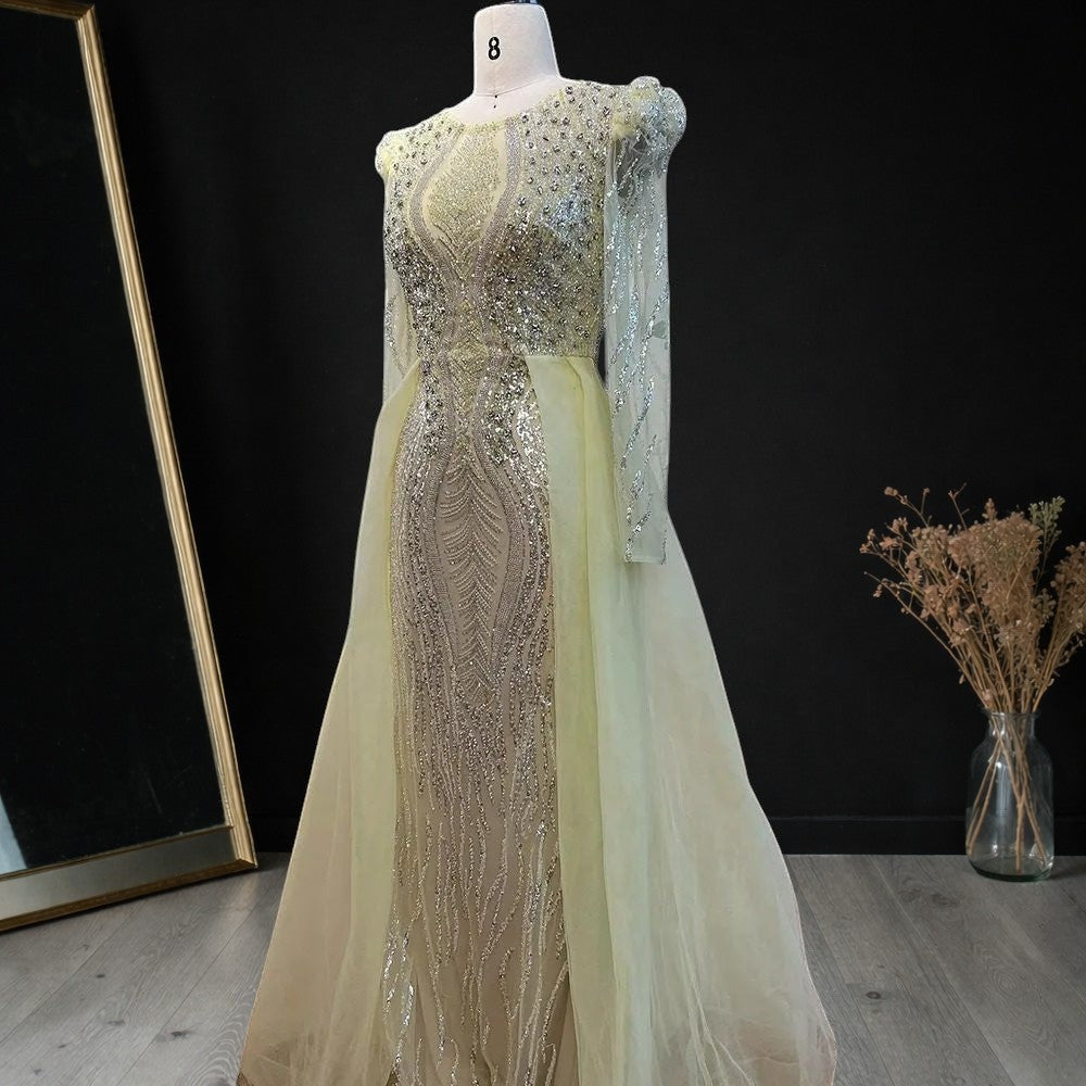 Luxury Dusty Blue Sequined Formal Dress with Sheer Long Sleeves SL194