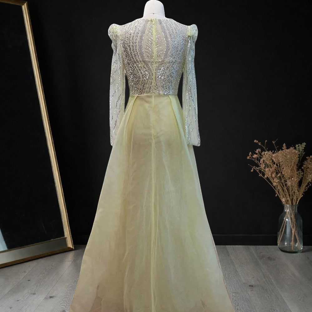 Luxury Dusty Blue Sequined Formal Dress with Sheer Long Sleeves SL194