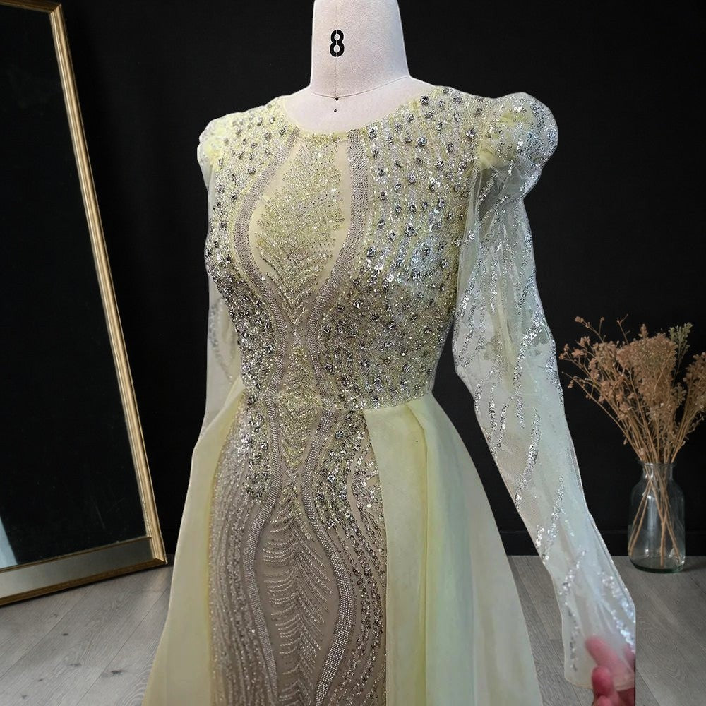 Luxury Dusty Blue Sequined Formal Dress with Sheer Long Sleeves SL194