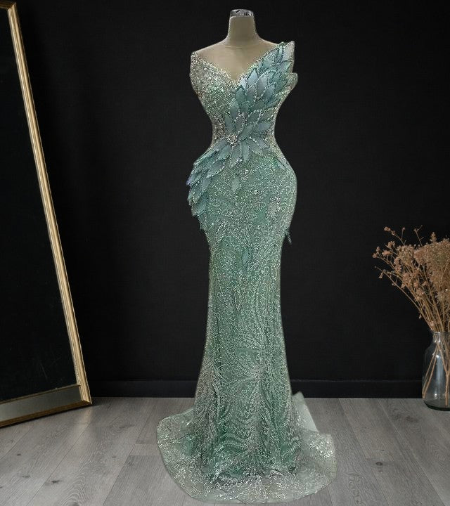 Luxury Green Beaded Mermaid Evening Gown with 3D Leaf Appliqué SL172