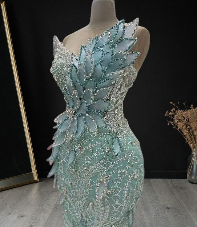 Luxury Green Beaded Mermaid Evening Gown with 3D Leaf Appliqué SL172