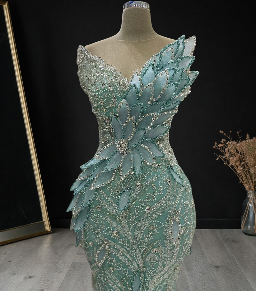 Luxury Green Beaded Mermaid Evening Gown with 3D Leaf Appliqué SL172