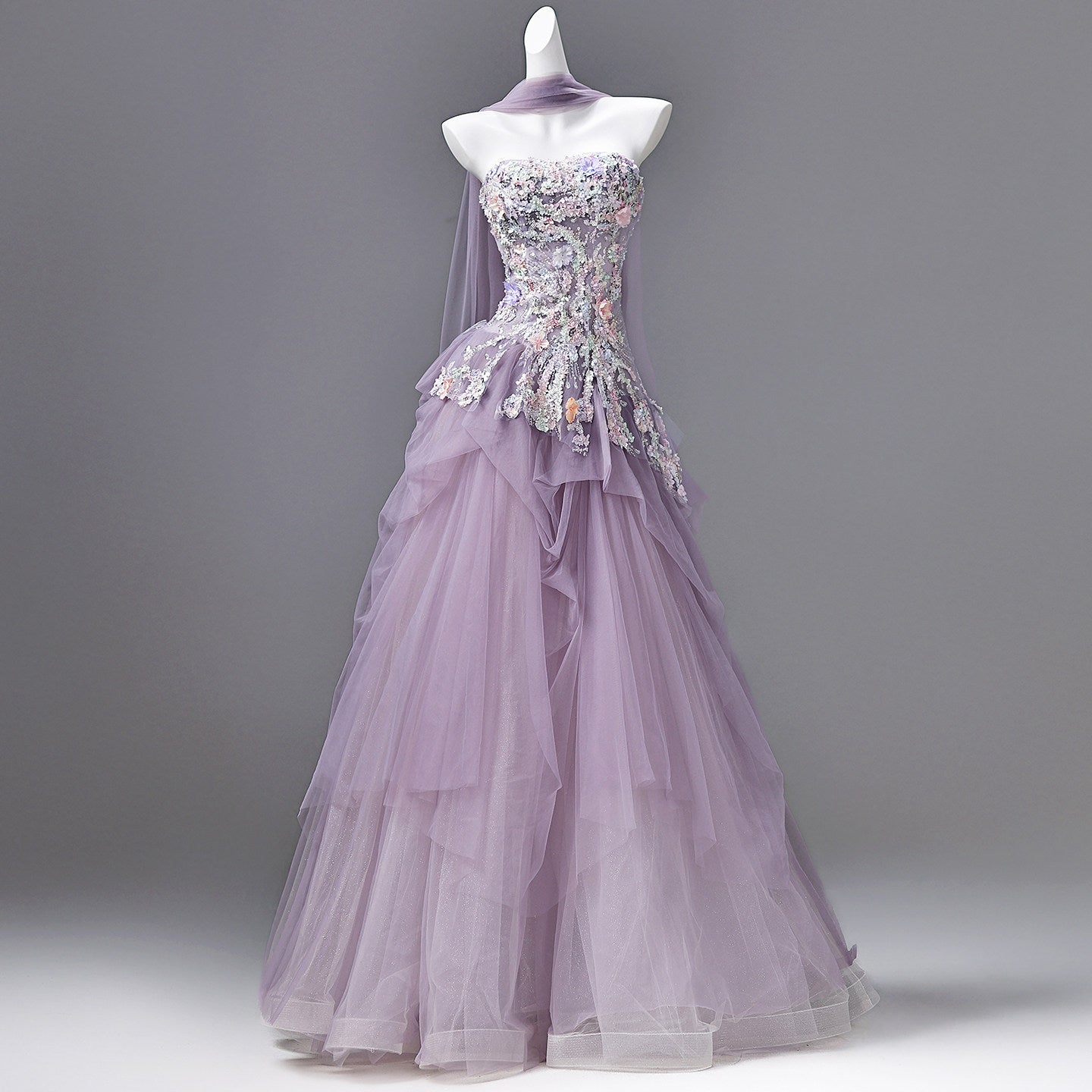Luxury Lavender Strapless Beaded Evening Gown with Scarf SL136