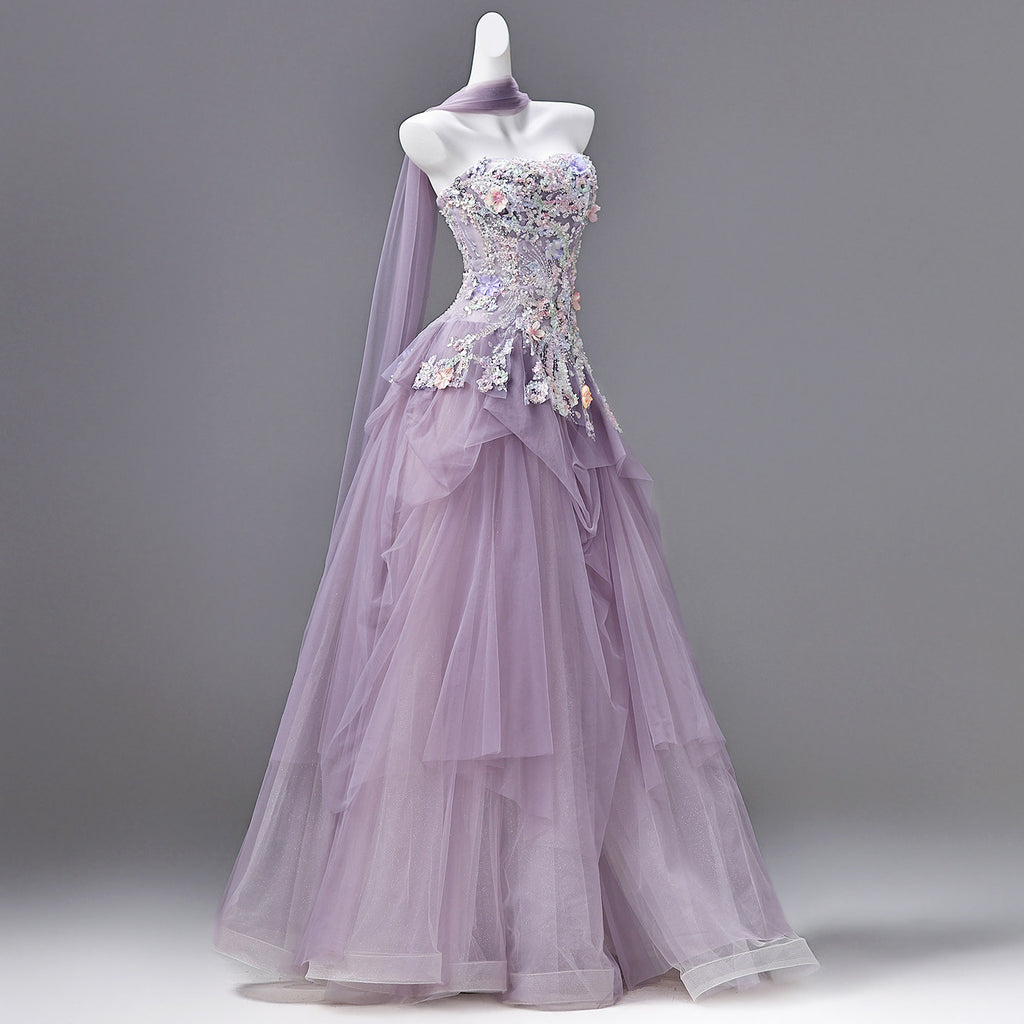 Luxury Lavender Strapless Beaded Evening Gown with Scarf SL136