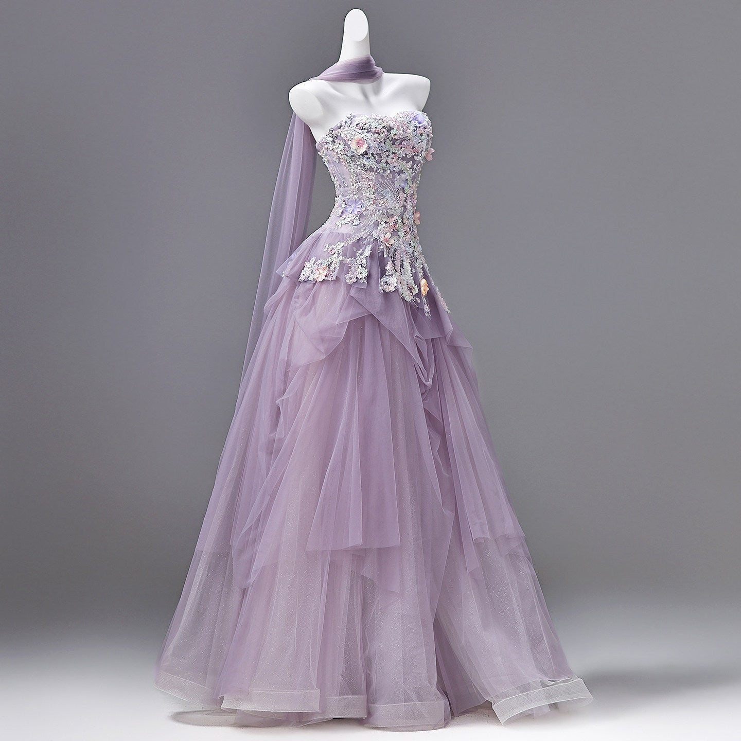 Luxury Lavender Strapless Beaded Evening Gown with Scarf SL136