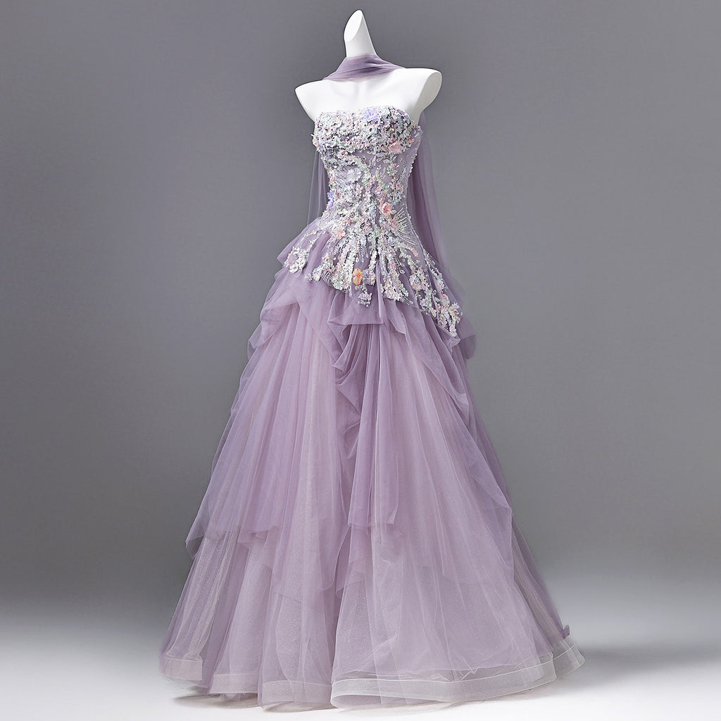 Luxury Lavender Strapless Beaded Evening Gown with Scarf SL136
