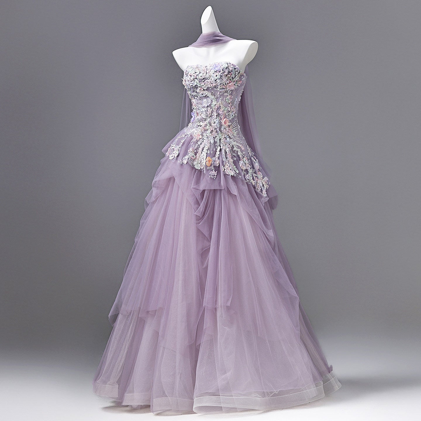 Luxury Lavender Strapless Beaded Evening Gown with Scarf SL136