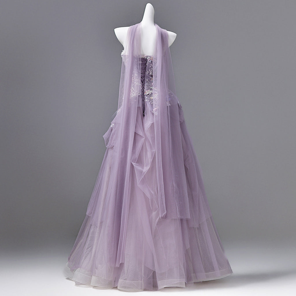 Luxury Lavender Strapless Beaded Evening Gown with Scarf SL136