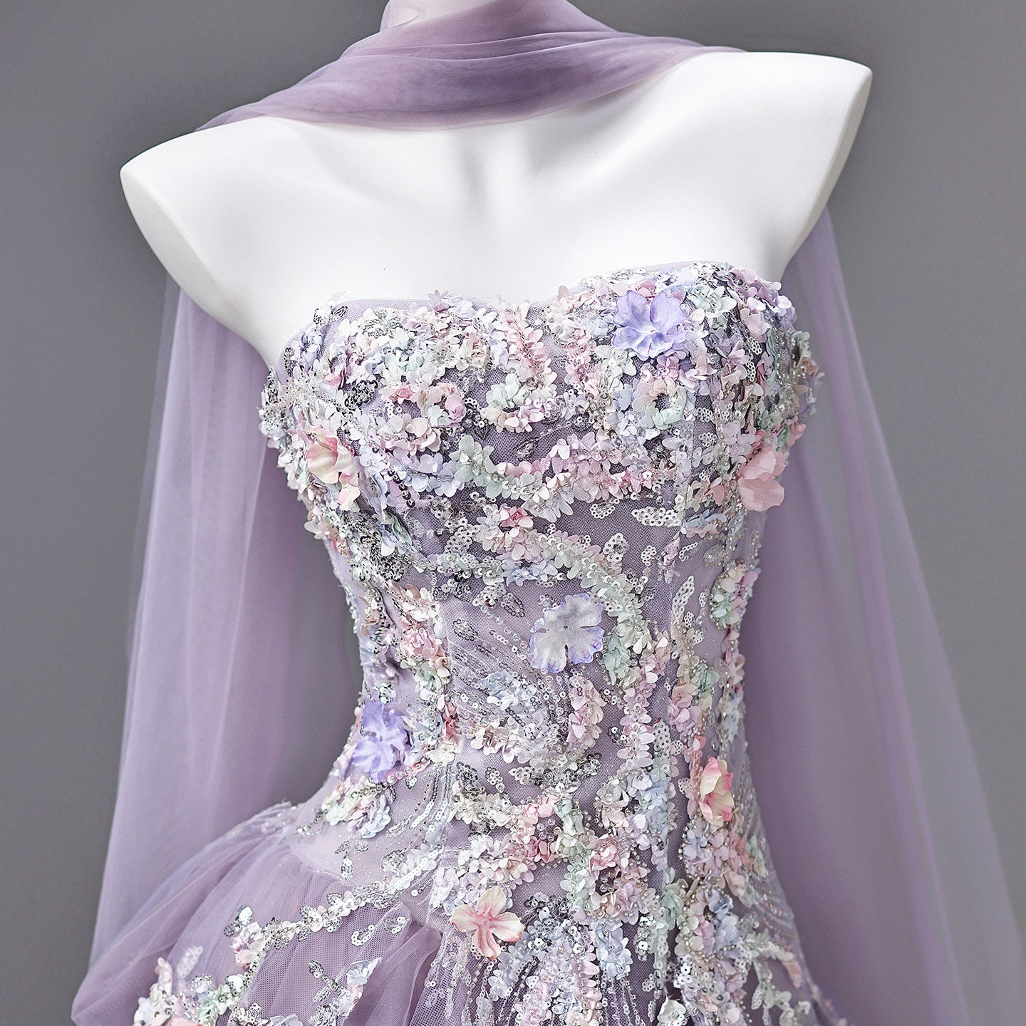Luxury Lavender Strapless Beaded Evening Gown with Scarf SL136