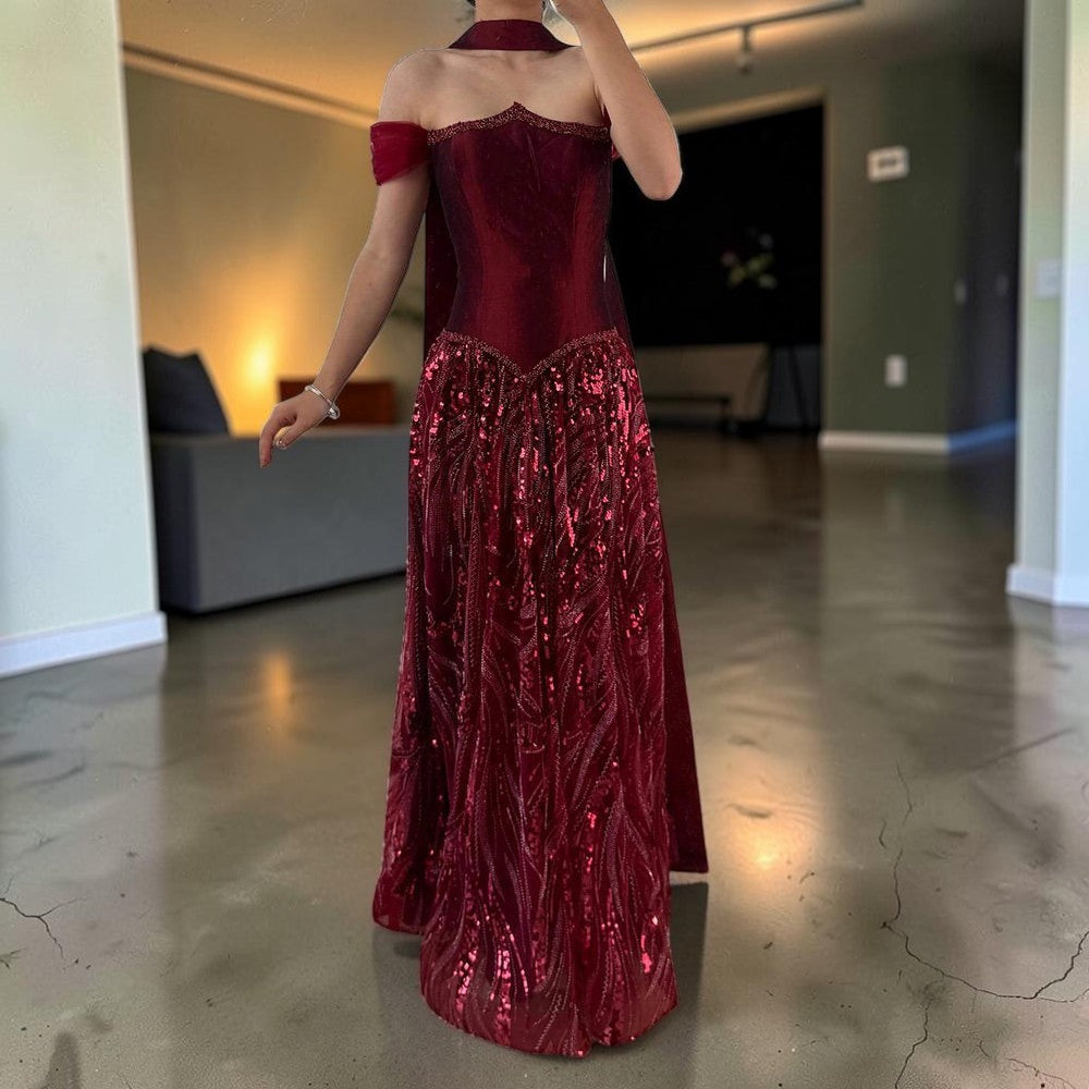 Luxury Off-Shoulder Sequin Evening Gown with Choker Scarf SL174