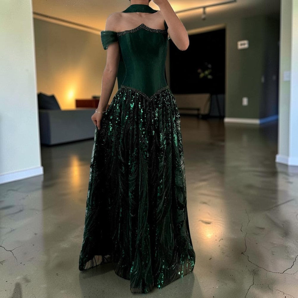 Luxury Off-Shoulder Sequin Evening Gown with Choker Scarf SL174