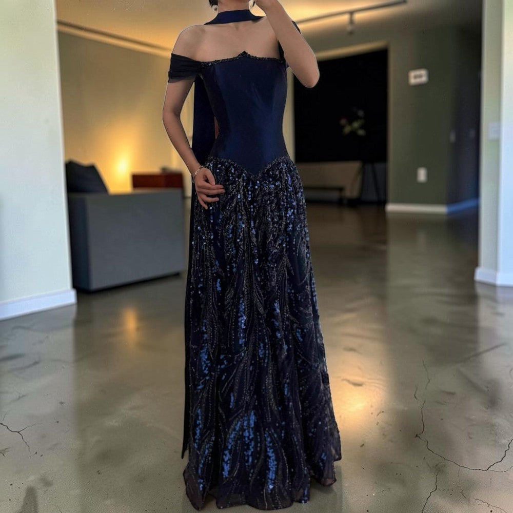 Luxury Off-Shoulder Sequin Evening Gown with Choker Scarf SL174