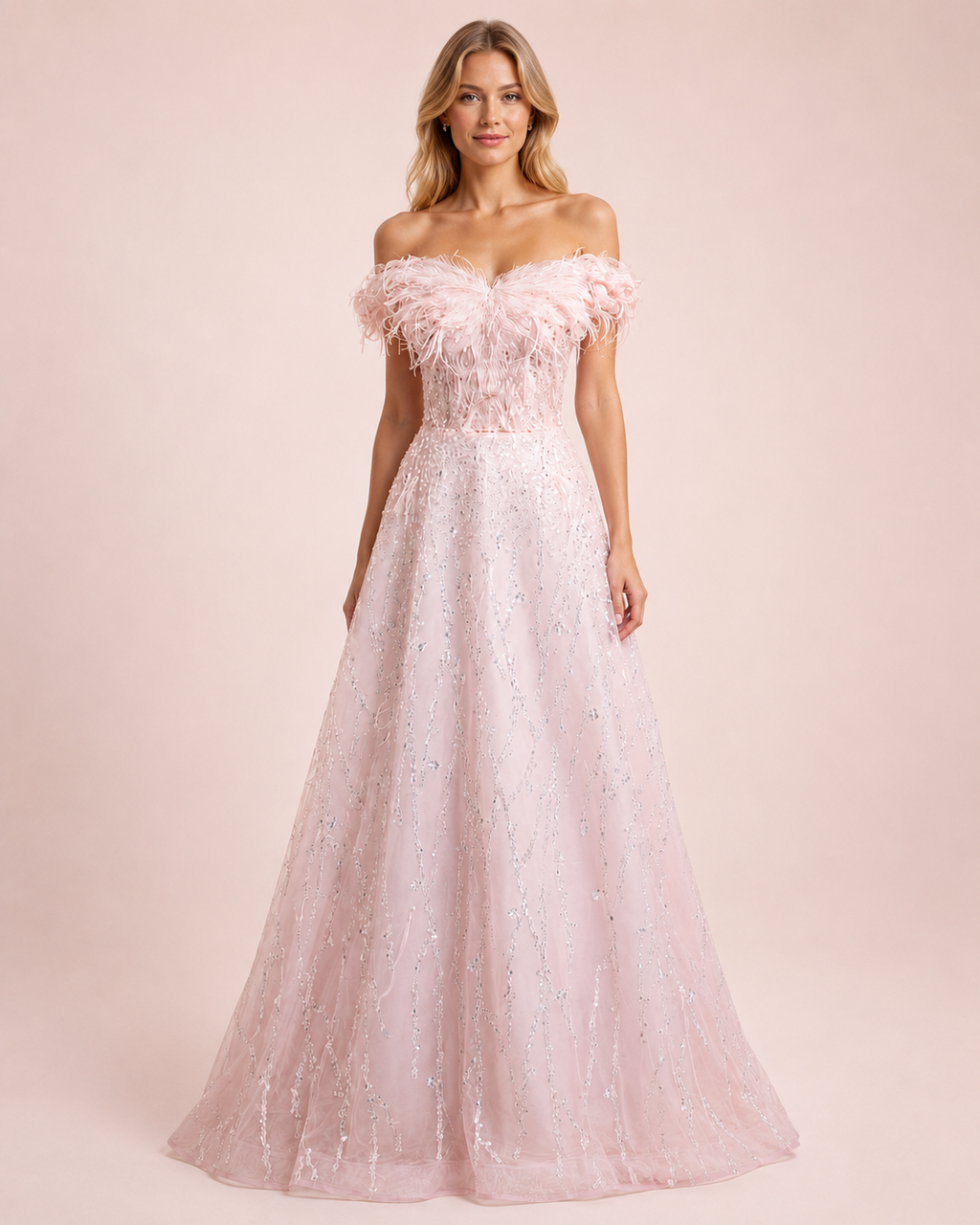 Luxury Pink Off-Shoulder Feather Tulle Ball Gown with Sparkling Beading SL140