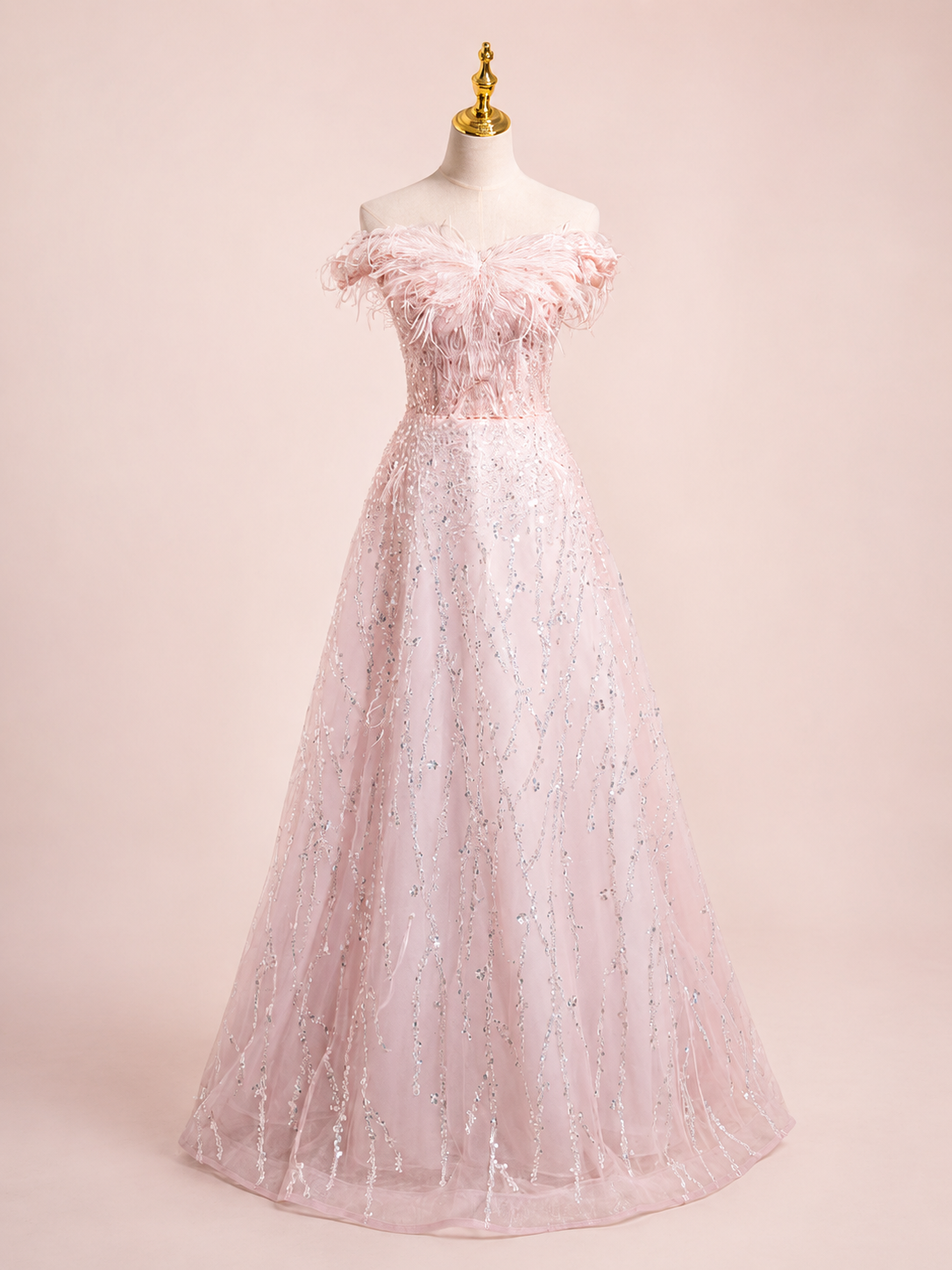 Luxury Pink Off-Shoulder Feather Tulle Ball Gown with Sparkling Beading SL140