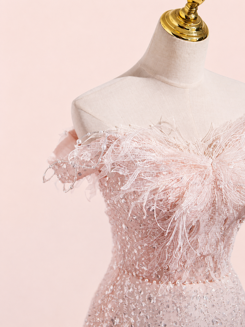 Luxury Pink Off-Shoulder Feather Tulle Ball Gown with Sparkling Beading SL140