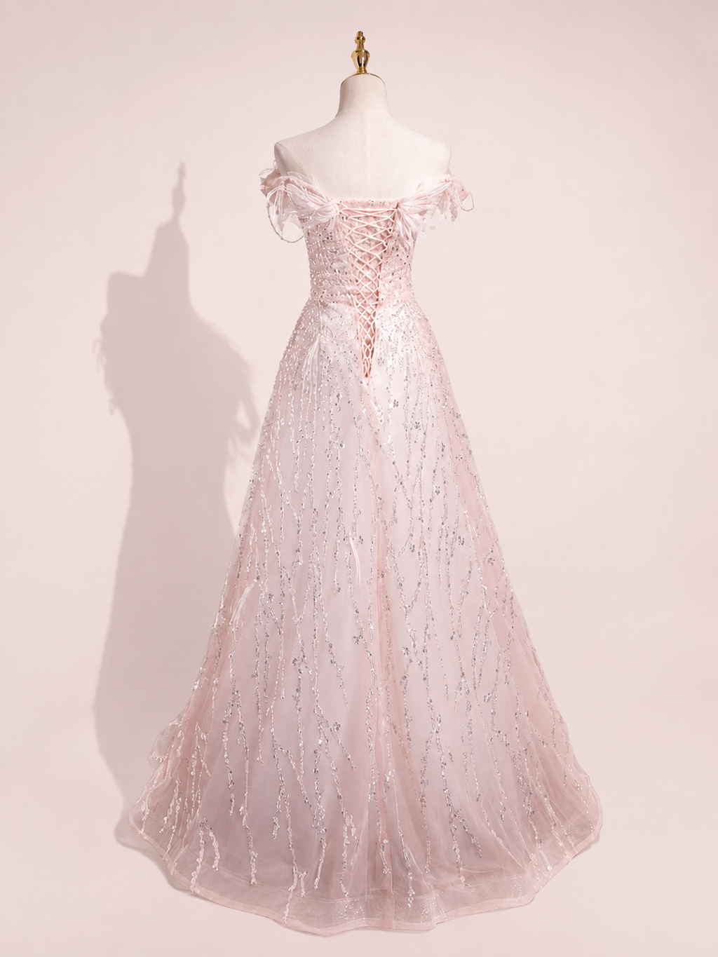 Luxury Pink Off-Shoulder Feather Tulle Ball Gown with Sparkling Beading SL140