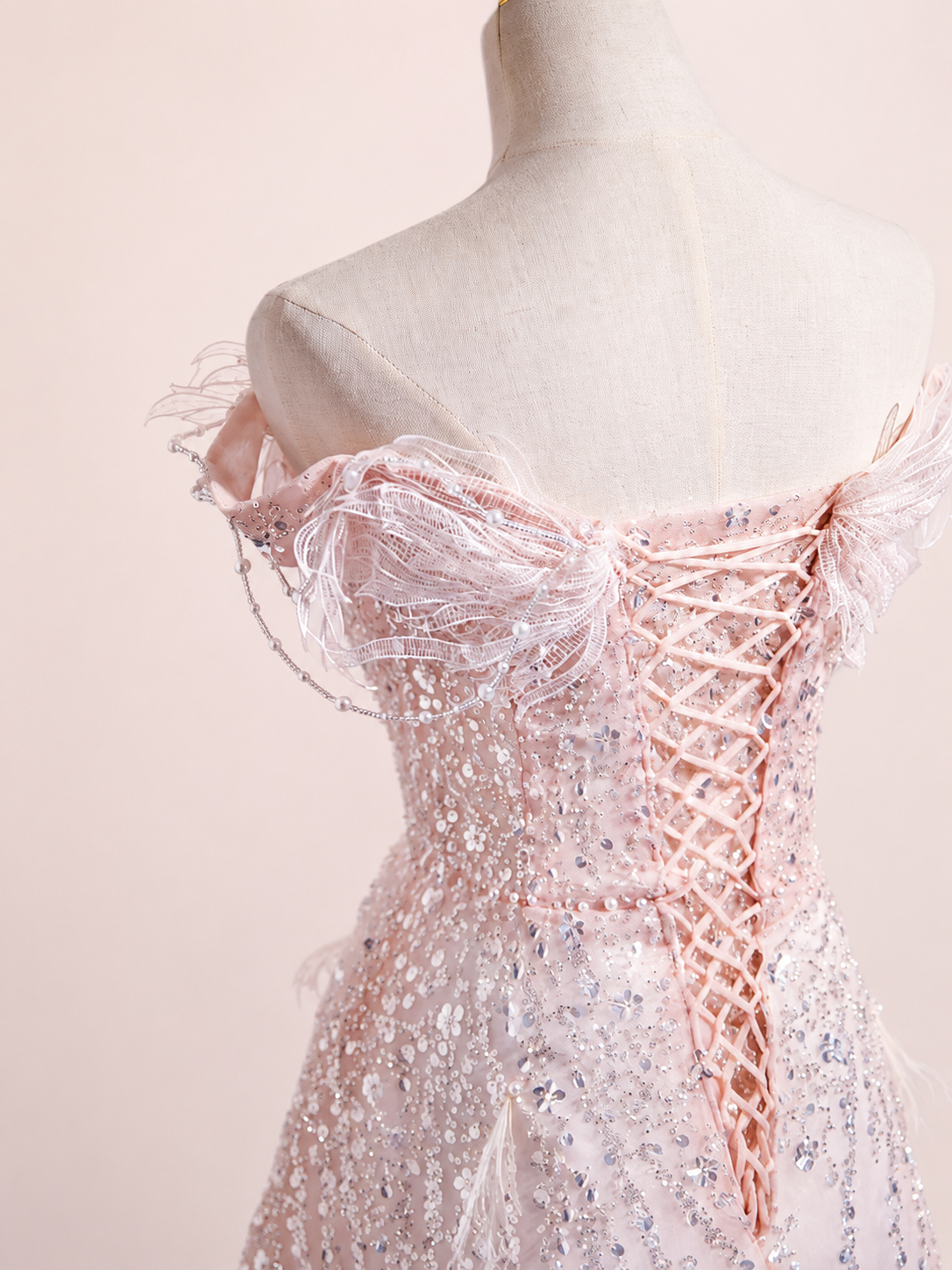 Luxury Pink Off-Shoulder Feather Tulle Ball Gown with Sparkling Beading SL140