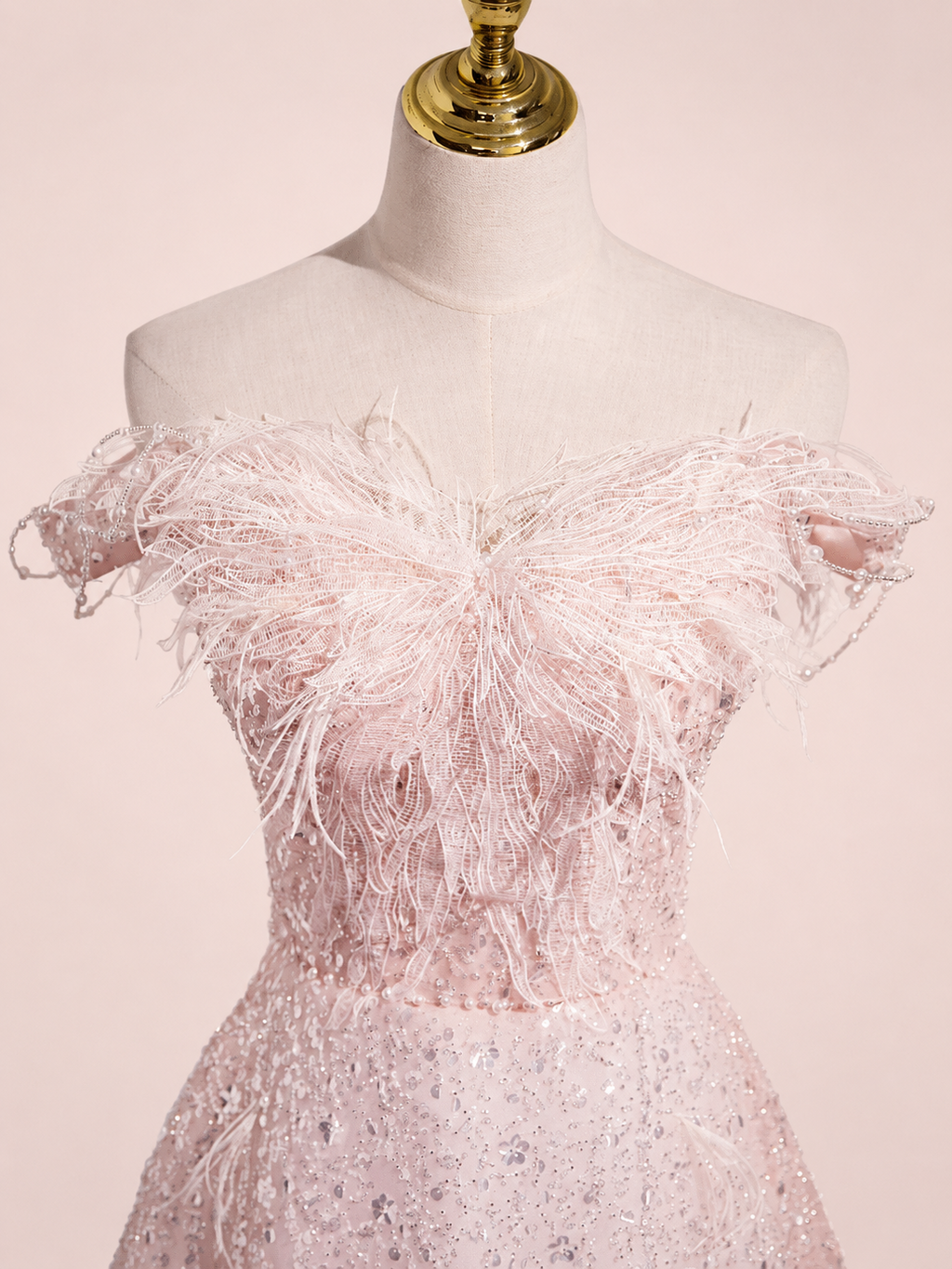 Luxury Pink Off-Shoulder Feather Tulle Ball Gown with Sparkling Beading SL140