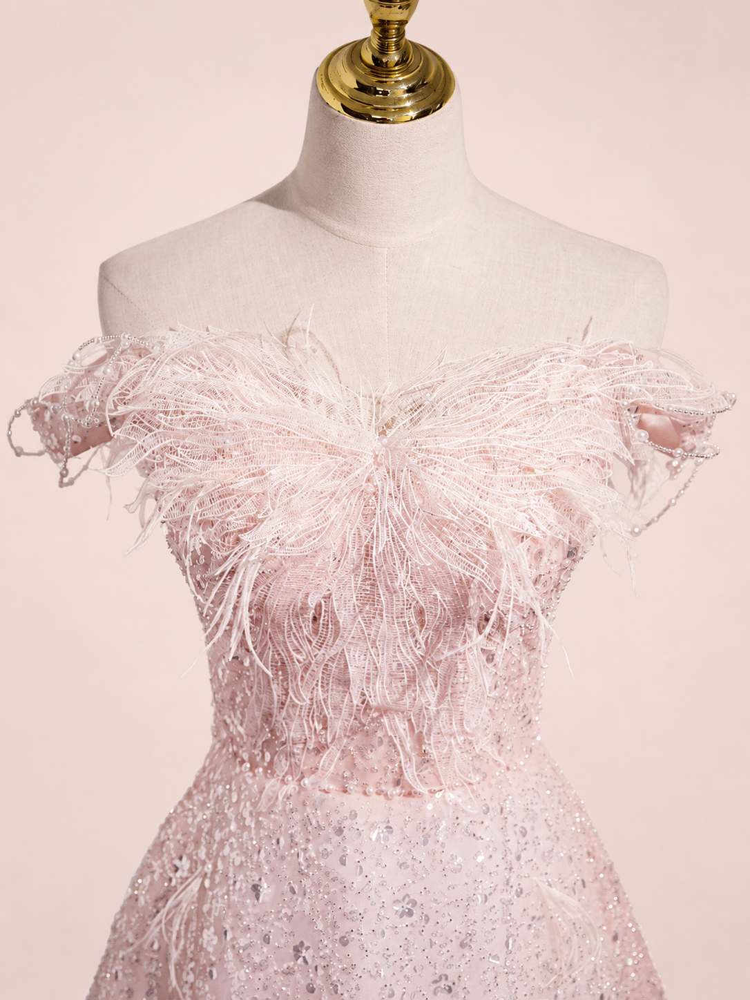 Luxury Pink Off-Shoulder Feather Tulle Ball Gown with Sparkling Beading SL140