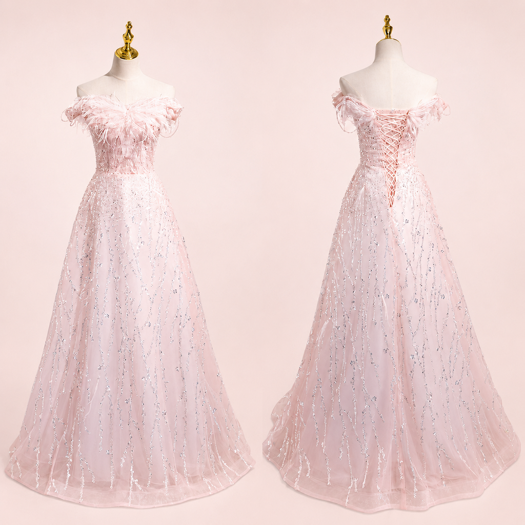 Luxury Pink Off-Shoulder Feather Tulle Ball Gown with Sparkling Beading SL140