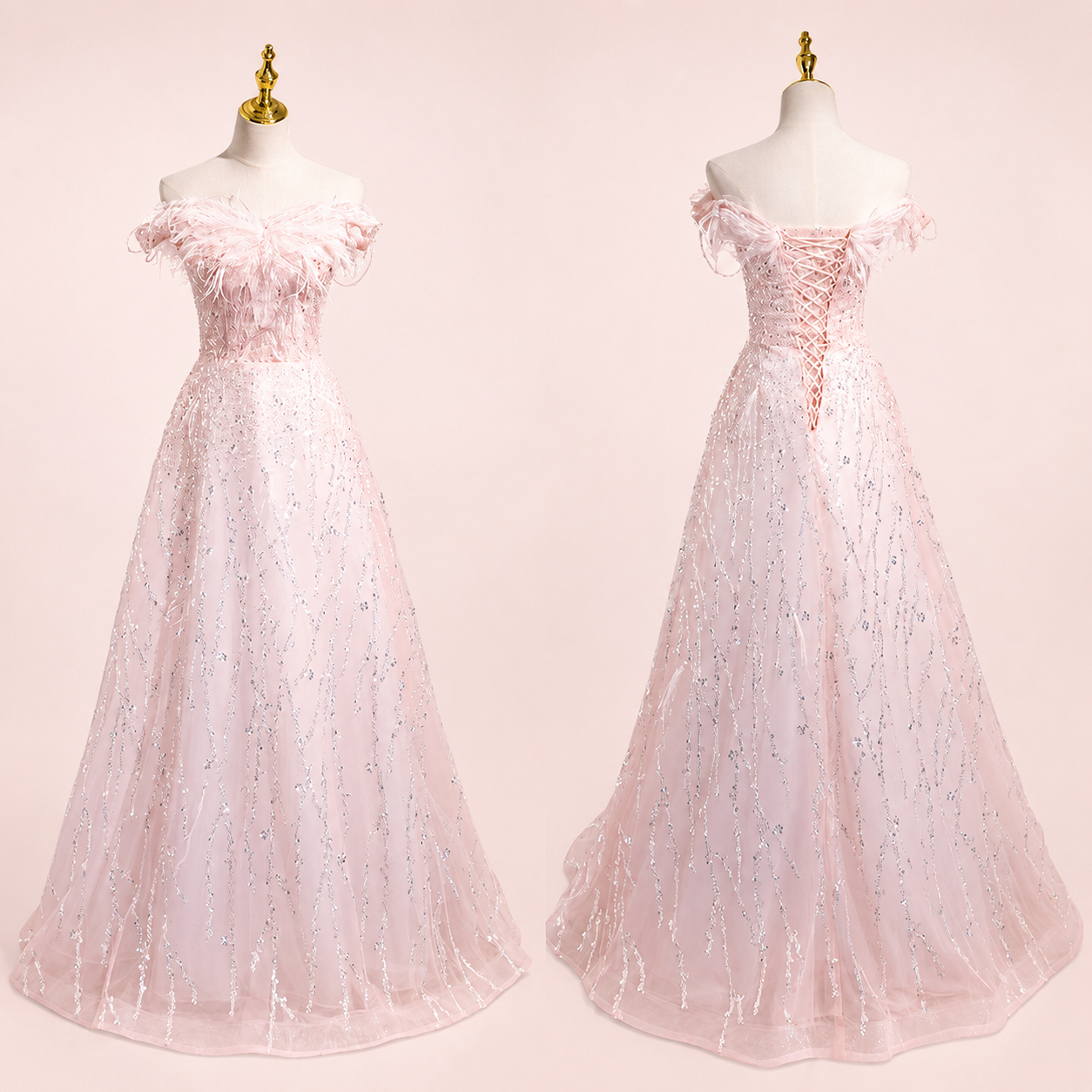 Luxury Pink Off-Shoulder Feather Tulle Ball Gown with Sparkling Beading SL140