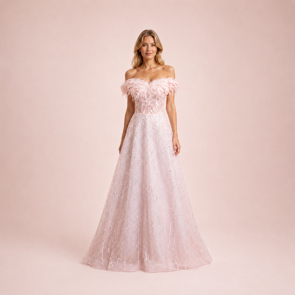 Luxury Pink Off-Shoulder Feather Tulle Ball Gown with Sparkling Beading SL140