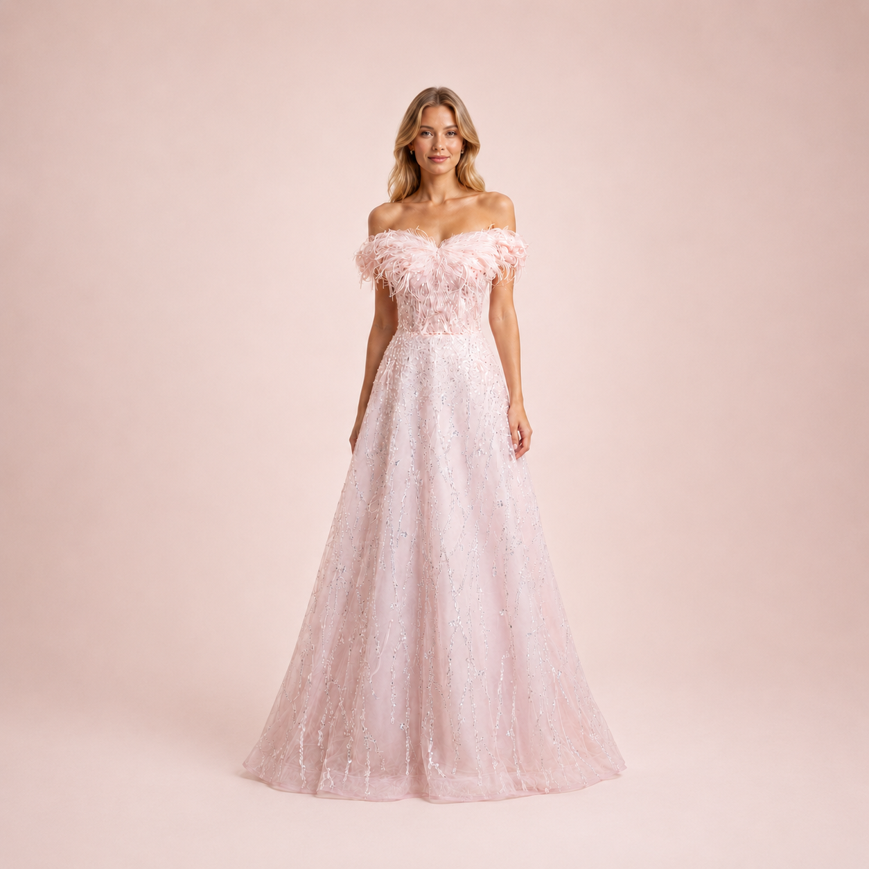 Luxury Pink Off-Shoulder Feather Tulle Ball Gown with Sparkling Beading SL140