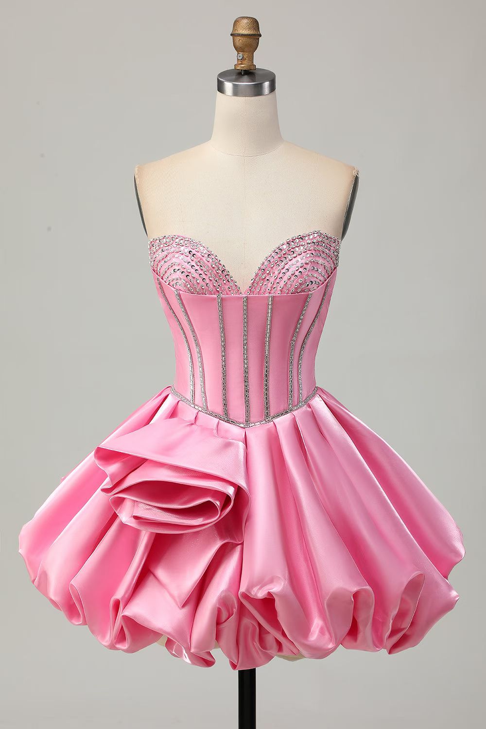 Luxury Pink Satin Corset with Rhinestones Homecoming Dress CZ156