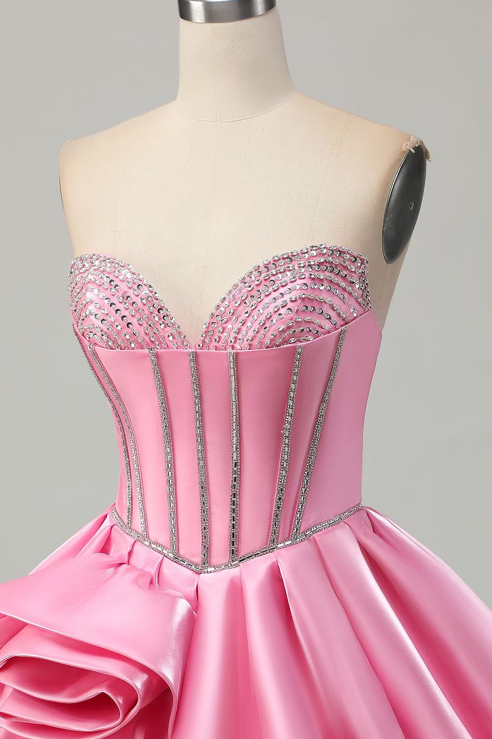 Luxury Pink Satin Corset with Rhinestones Homecoming Dress CZ156