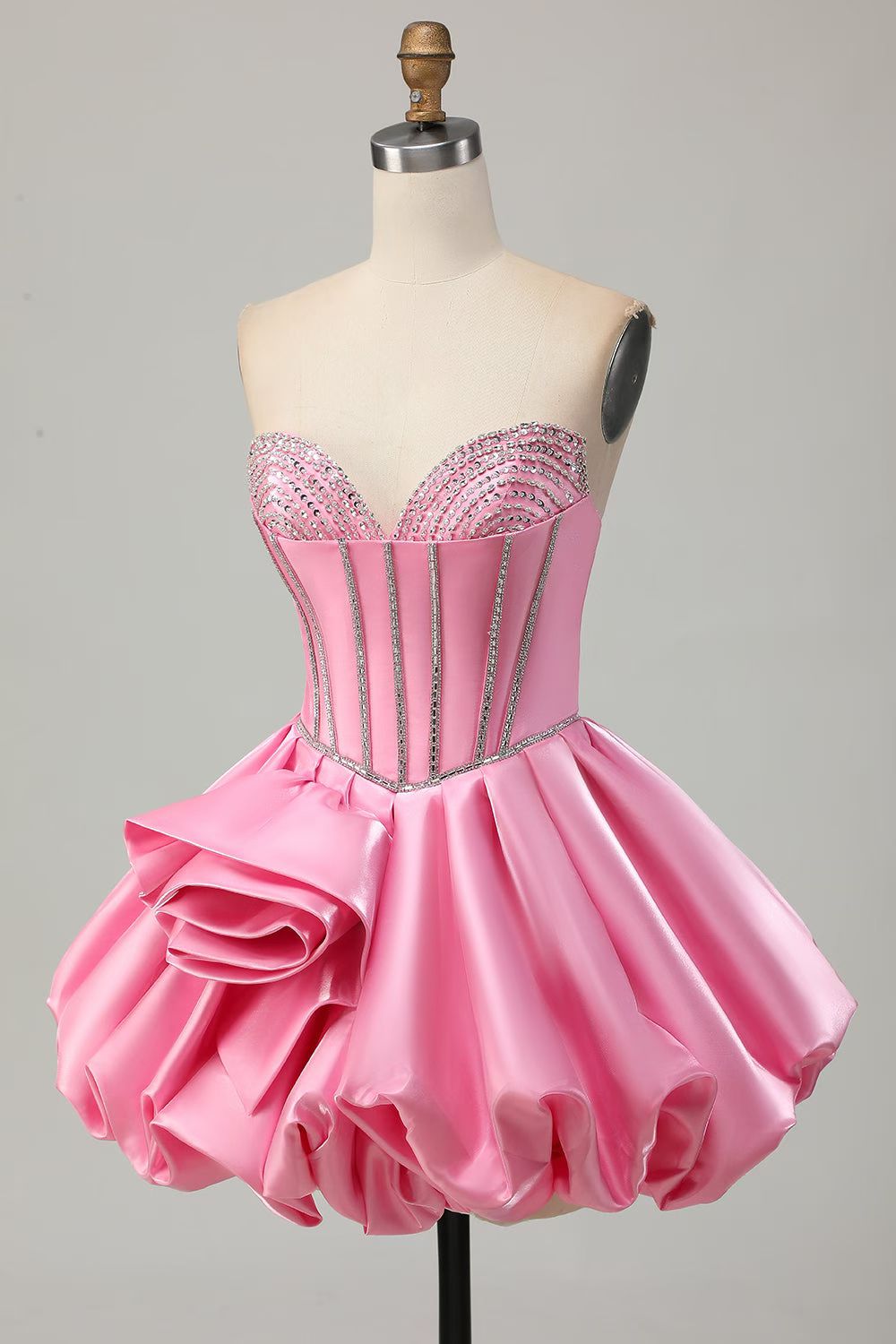 Luxury Pink Satin Corset with Rhinestones Homecoming Dress CZ156