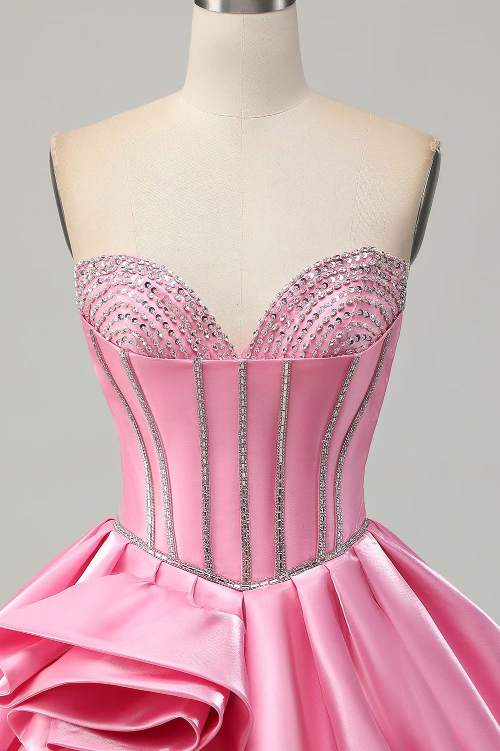 Luxury Pink Satin Corset with Rhinestones Homecoming Dress CZ156