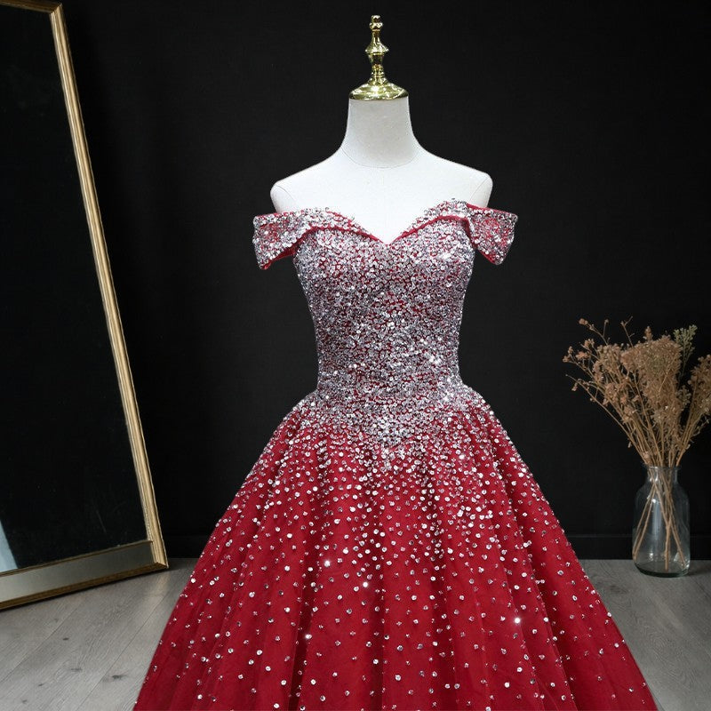 Luxury Red Crystal Ball Gown Off Shoulder Beaded Princess Prom Dress SL193