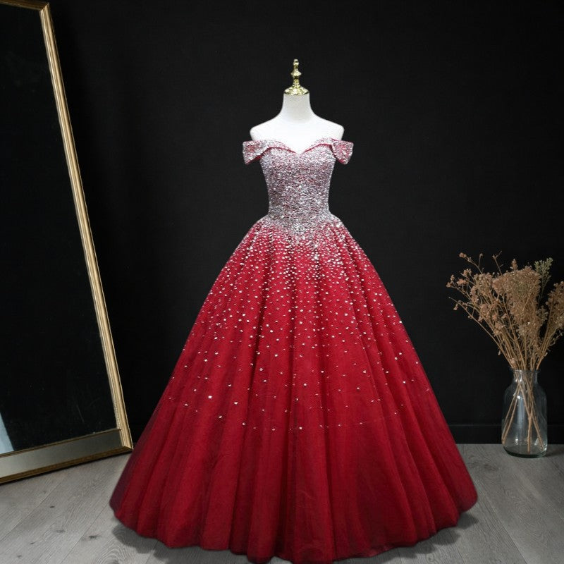 Luxury Red Crystal Ball Gown Off Shoulder Beaded Princess Prom Dress SL193