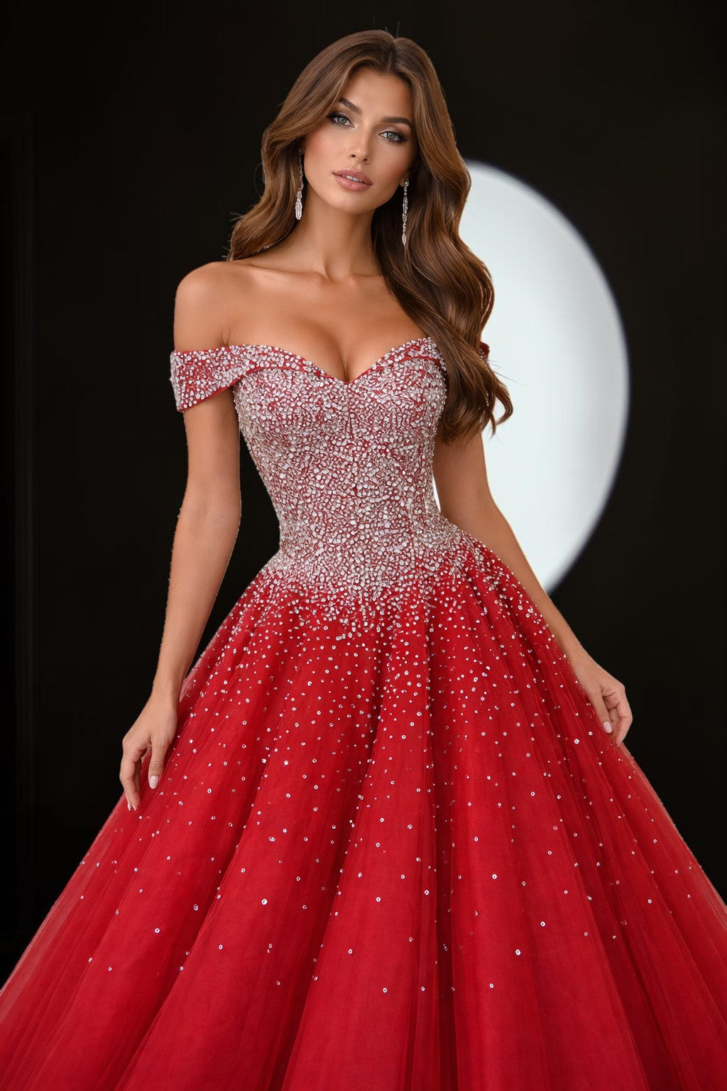 Luxury Red Crystal Ball Gown Off Shoulder Beaded Princess Prom Dress SL193