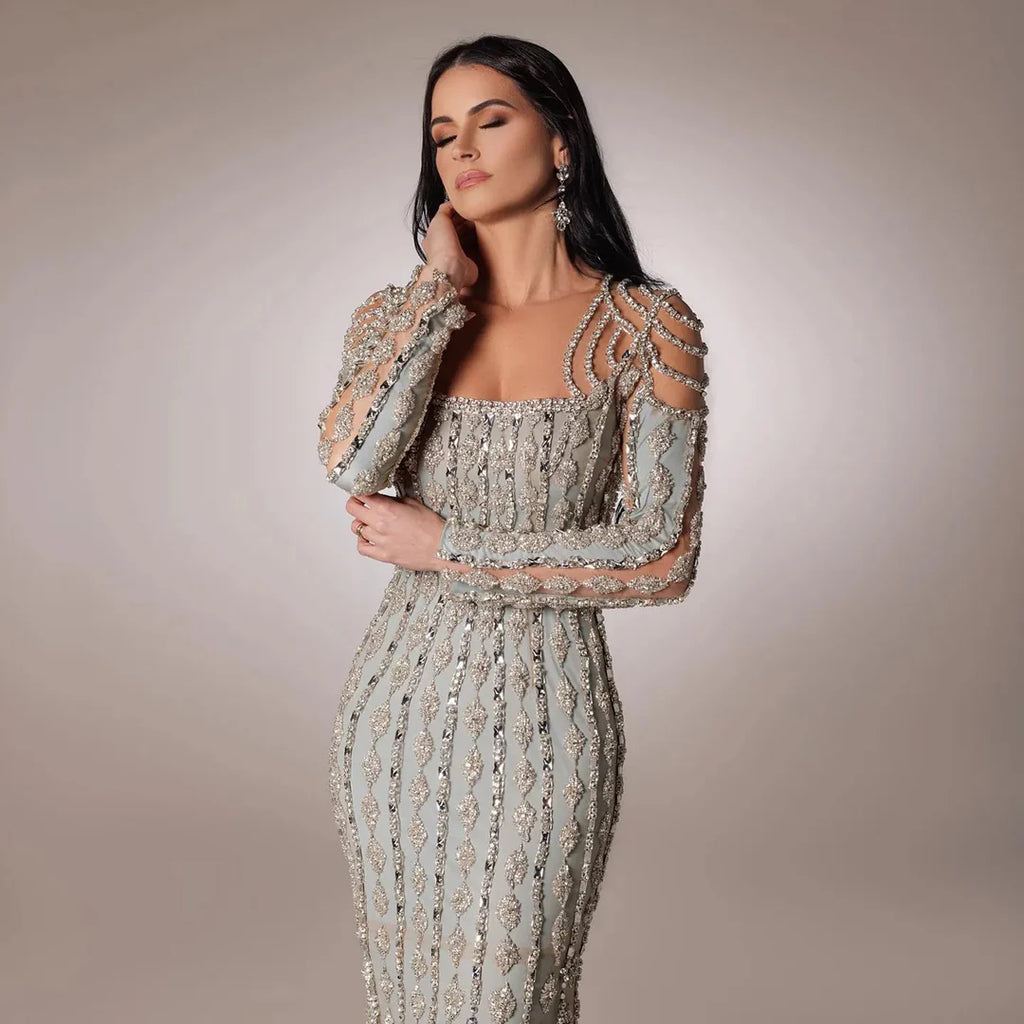 Luxury Sage Green Dubai Style Mermaid Evening Gown for Muslim Women YL133