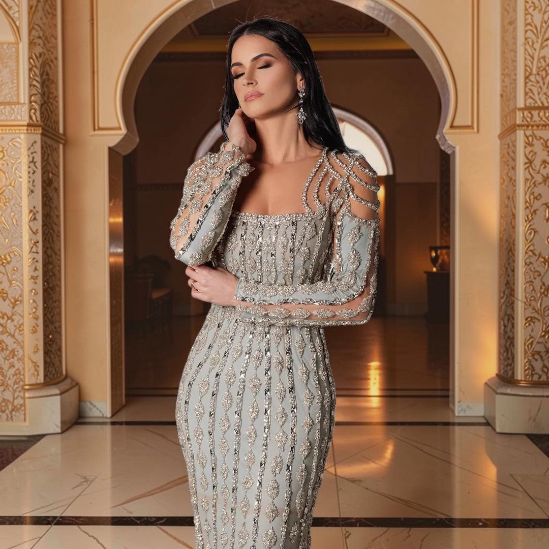 Luxury Sage Green Dubai Style Mermaid Evening Gown for Muslim Women YL133