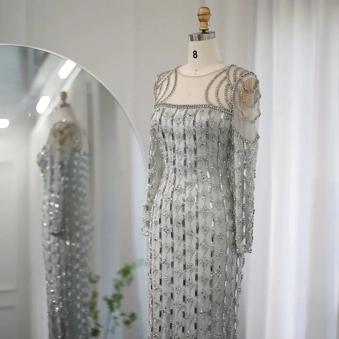 Luxury Sage Green Dubai Style Mermaid Evening Gown for Muslim Women YL133