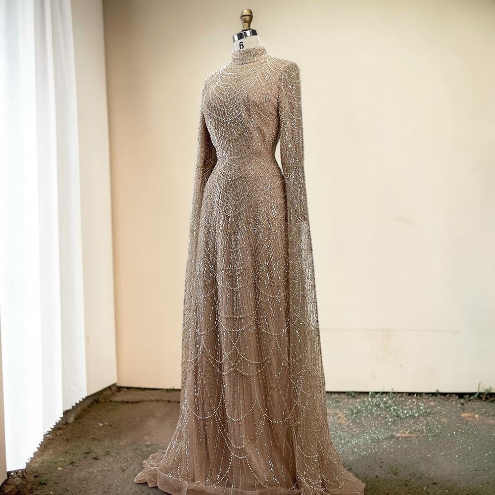 Luxury Sage Green High-Neck Beaded Long Sleeves Evening Gown SL197