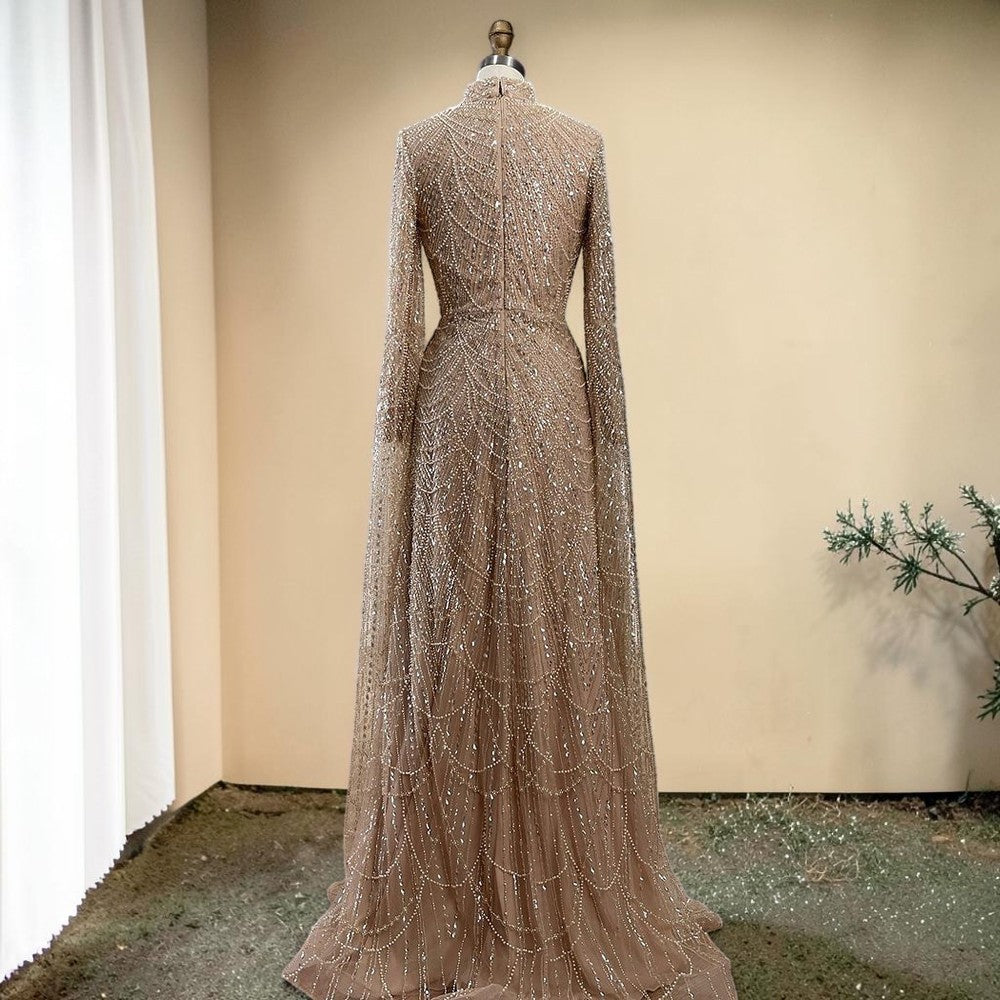 Luxury Sage Green High-Neck Beaded Long Sleeves Evening Gown SL197